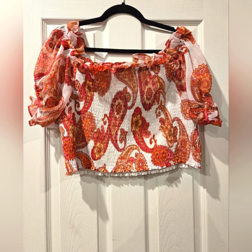EXPRESS off the Shoulder Smocked Orange/Pink Paisley Top, XL, EUC